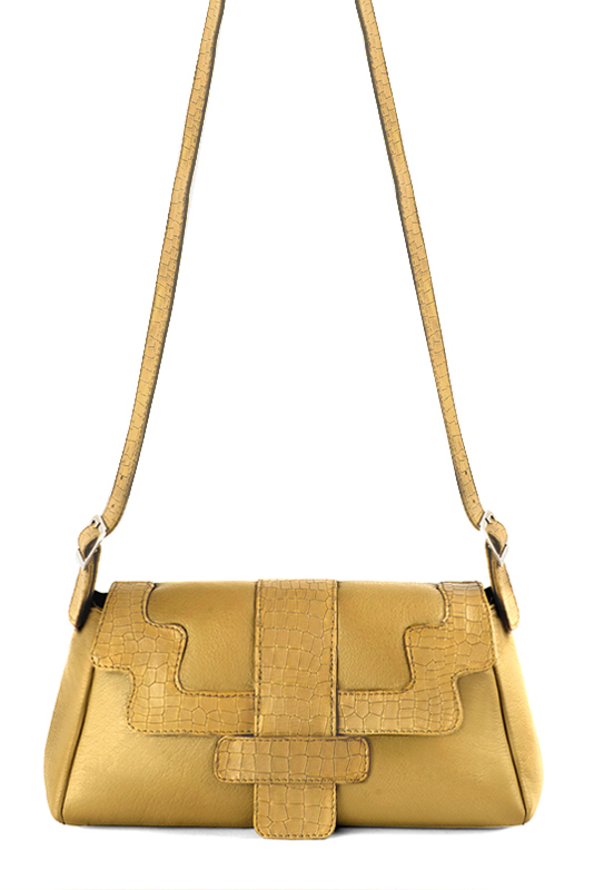 Mustard yellow women's dress handbag, matching pumps and belts. Top view - Florence KOOIJMAN